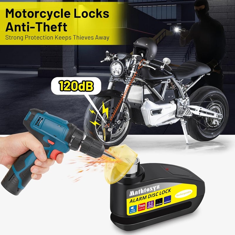 Mathtoxyz Motorcycle Lock Rechargeable, 120dB Alarm Disc Brake Locks Anti-Theft Security Wheel Disc Lock Waterproof with 5ft Reminder Cable and Carry Pouch for Motorbike Bike Scooter - Image 2